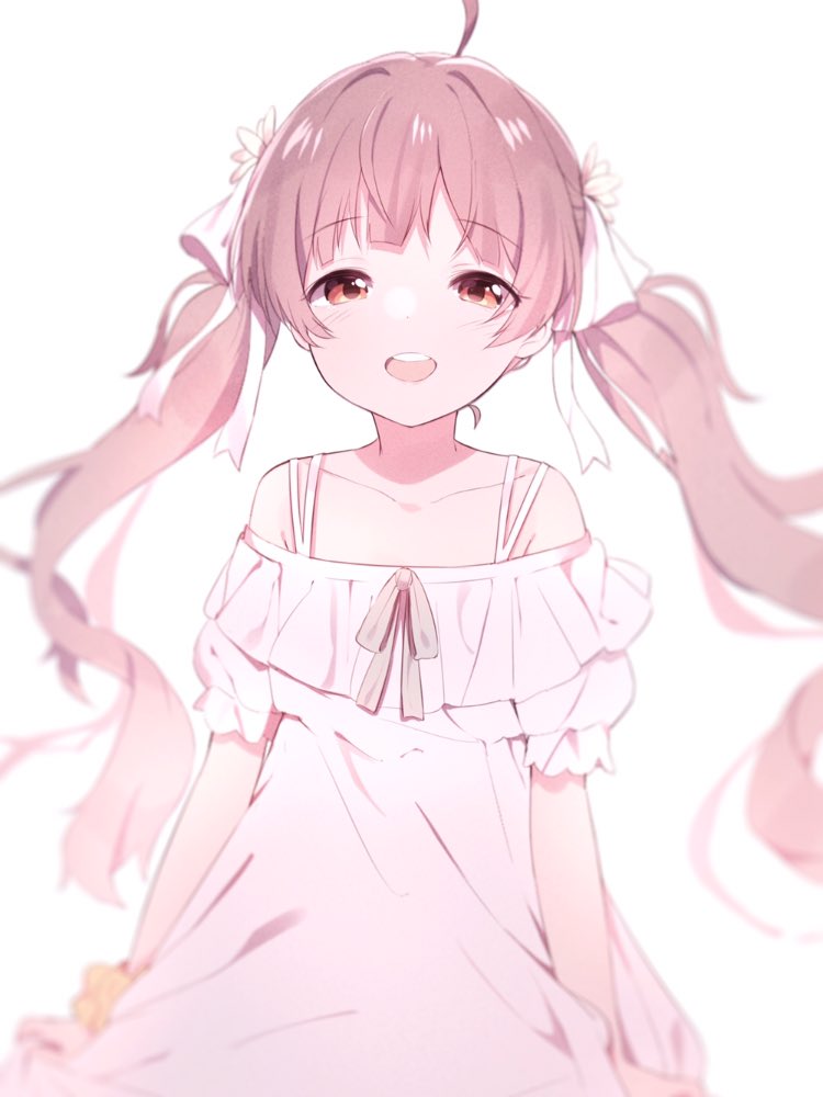 1girl ahoge blurry blurry_background blurry_foreground blush brown_eyes brown_hair collarbone dot_nose dress flower frilled_dress frills hair_flower hair_ornament hair_ribbon hakozaki_serika idolmaster idolmaster_million_live! idolmaster_million_live!_theater_days long_hair looking_at_viewer norada open_mouth ribbon scrunchie short_sleeves simple_background smile solo standing teeth twintails very_long_hair white_background white_dress white_ribbon