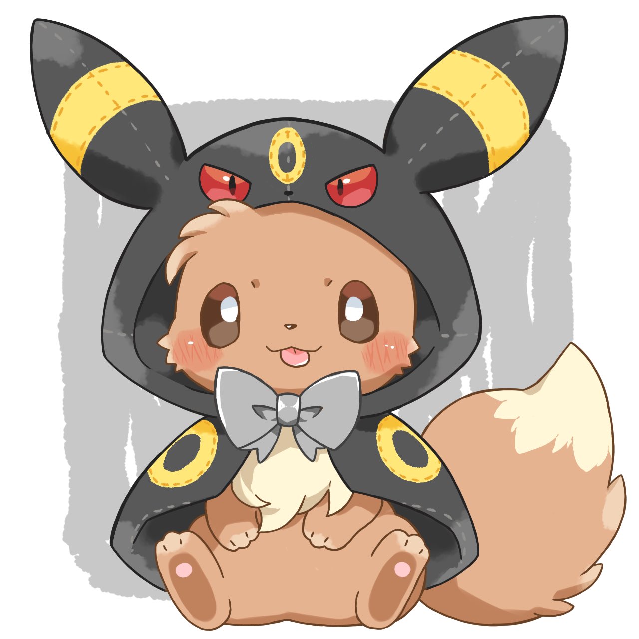 :3 blush_stickers bow capelet closed_eyes clothed_pokemon cosplay eevee full_body grey_bow hand_on_own_stomach highres hood hooded_capelet kana_(maple926) open_mouth pokemon pokemon_(creature) sitting smile solo tongue tongue_out umbreon umbreon_(cosplay)