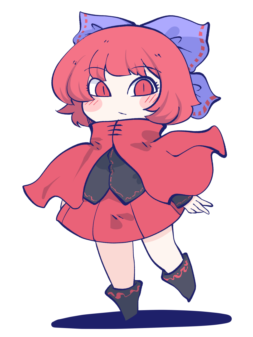 1girl :/ blush_stickers bow cape chahan_(fried_rice0614) chibi cloak expressionless full_body hair_bow highres long_sleeves red_cloak red_eyes redhead sekibanki short_hair simple_background skirt solo standing standing_on_one_leg touhou