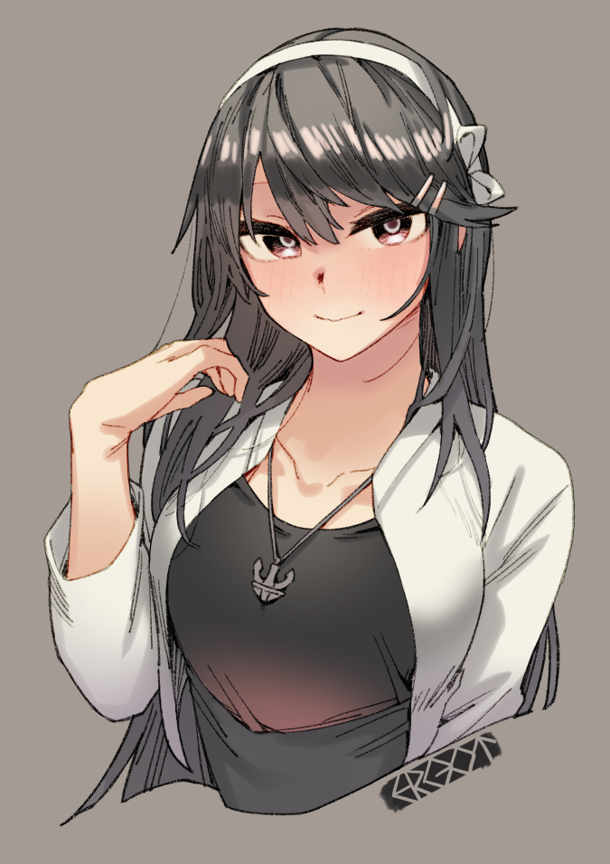 1girl anchor_necklace black_hair black_shirt blush breasts brown_eyes closed_mouth cropped_torso ergot grey_background hair_between_eyes hair_ornament hairband hairclip haruna_(kancolle) jacket jewelry kantai_collection long_hair long_sleeves looking_at_viewer necklace official_alternate_costume open_clothes shirt signature simple_background solo swept_bangs upper_body white_hairband white_jacket