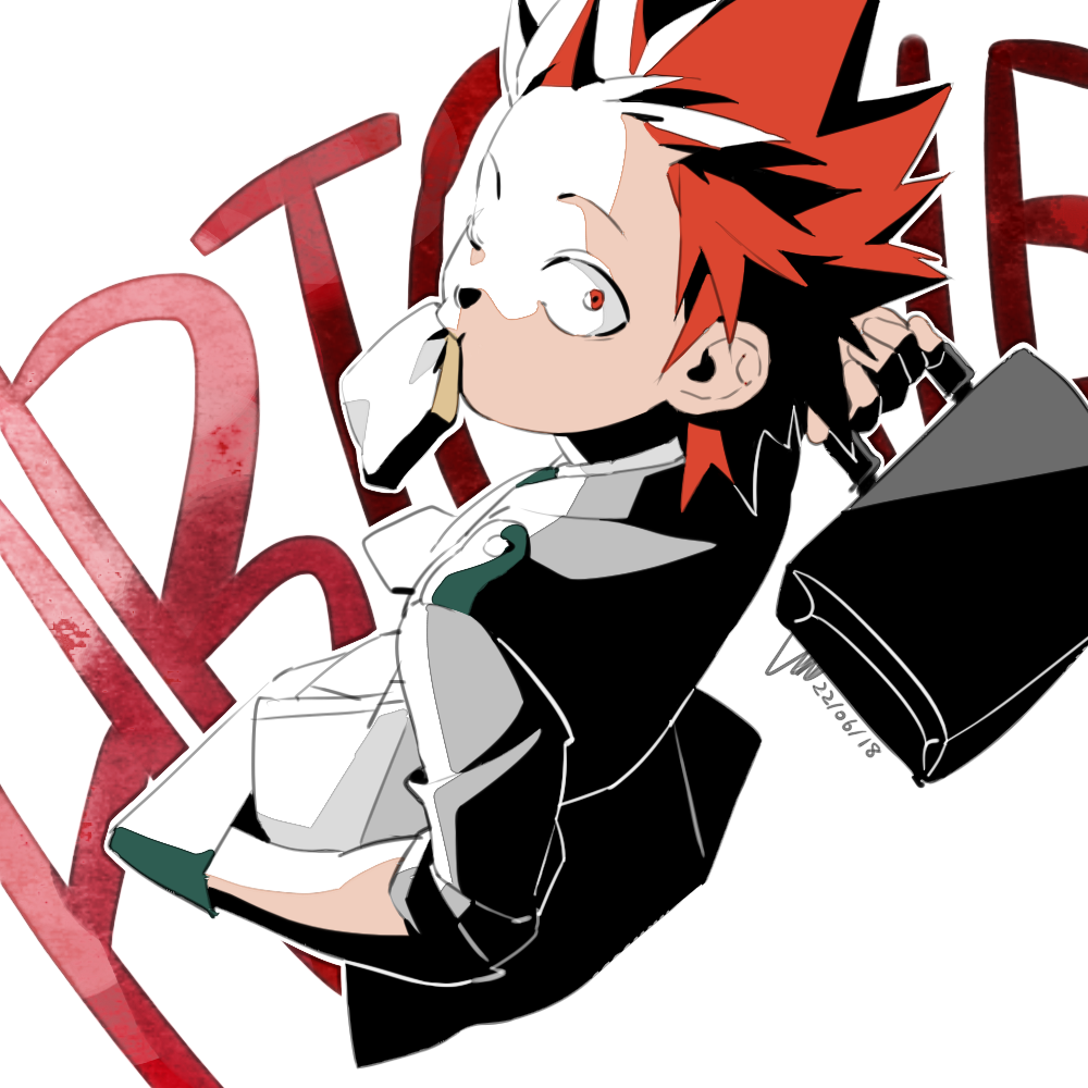 1boy boku_no_hero_academia briefcase dated food food_in_mouth from_above hand_in_pocket kirishima_eijirou looking_up male_focus morikiri mouth_hold one_eye_closed red_eyes redhead school_uniform short_hair solo spiky_hair toast toast_in_mouth u.a._school_uniform