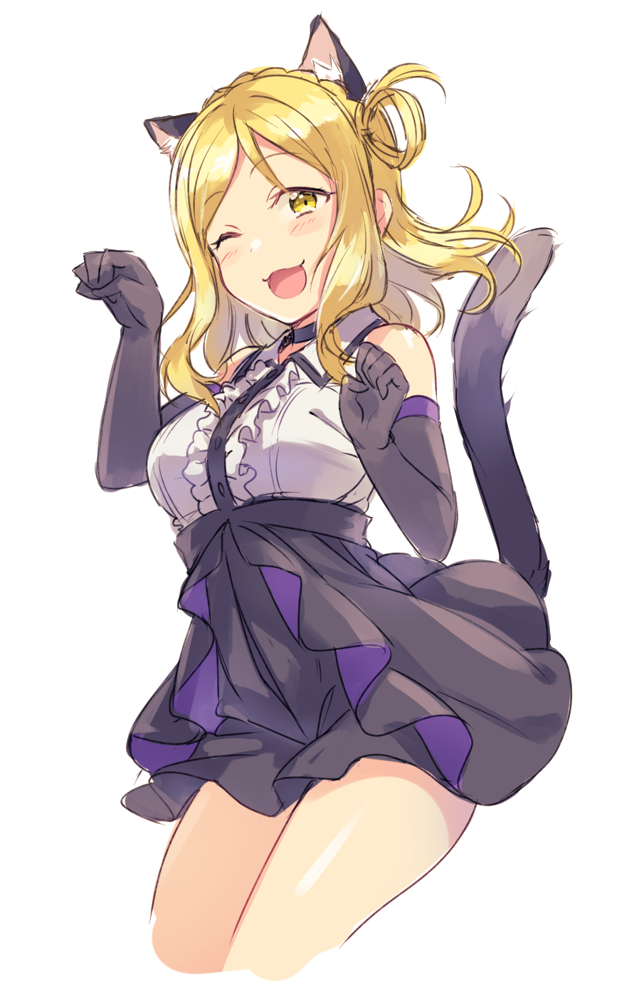 1girl :d ;3 animal_ears black_gloves black_skirt blonde_hair blouse braid breasts cat_ears cat_girl cat_tail commentary crown_braid curled_fingers elbow_gloves gloves highres looking_at_viewer love_live! love_live!_sunshine!! medium_breasts medium_hair miniskirt ohara_mari one_eye_closed paw_pose sakou_mochi shirt simple_background single_bang single_hair_ring sketch skirt sleeveless sleeveless_shirt smile solo tail white_background white_shirt