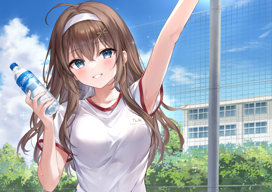 1girl ahoge arm_up blue_eyes blue_sky bottle breasts brown_hair building clouds commentary_request day grin gym_shirt hair_between_eyes hair_ornament hairband hairclip hand_up head_tilt higeneko holding holding_bottle long_hair looking_at_viewer medium_breasts novel_illustration official_art original outdoors shirt short_sleeves sky smile solo water_bottle white_hairband white_shirt x_hair_ornament