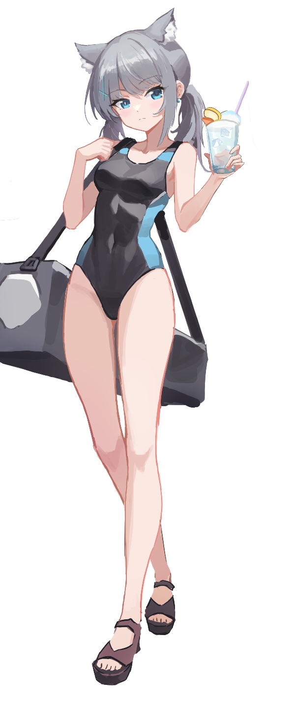 1girl animal_ears bare_arms bare_legs bare_shoulders blue_archive blue_eyes competition_school_swimsuit grey_hair halo heterochromia highres looking_at_viewer sandals school_swimsuit shiroko_(blue_archive) shiroko_(swimsuit)_(blue_archive) simple_background solo swimsuit user_mfjc3243 white_background wolf_ears