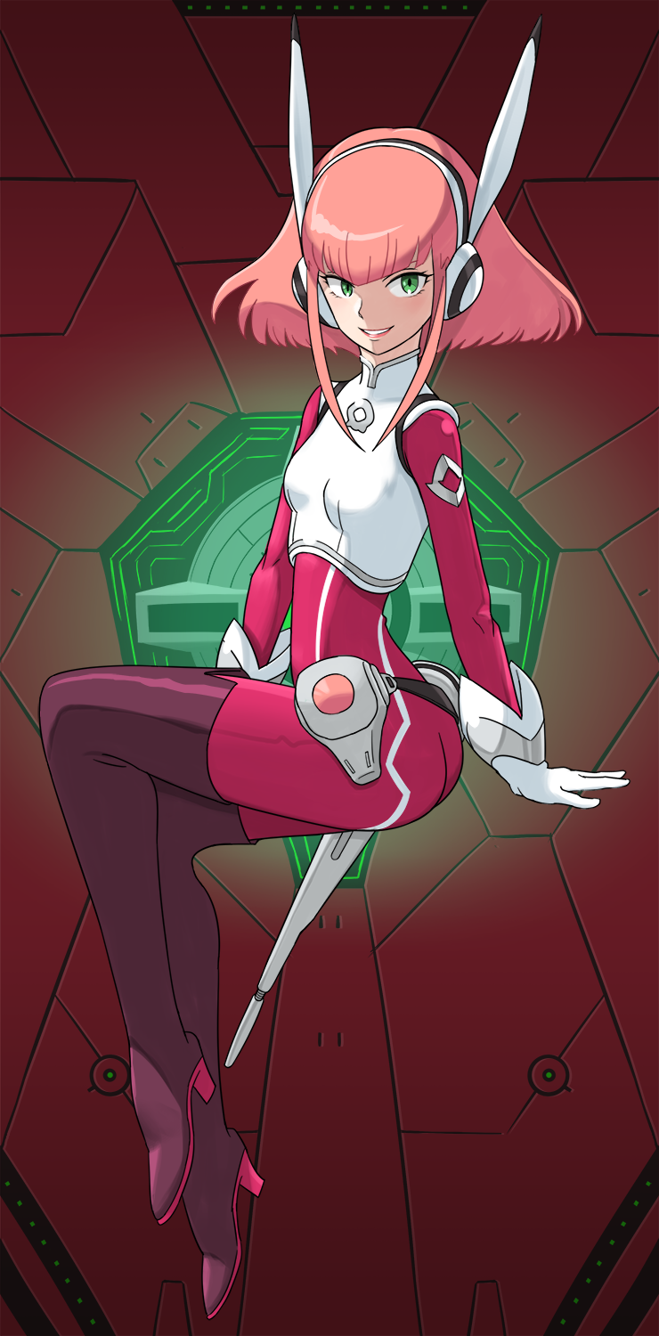 1girl ass barara_peol bodysuit boots breasts full_body gloves grin gundam gundam_g_no_reconguista headgear high_heel_boots high_heels highres looking_at_viewer pink_hair red_bodysuit red_eyes shigenobu sidelocks small_breasts smile solo thigh_boots white_gloves