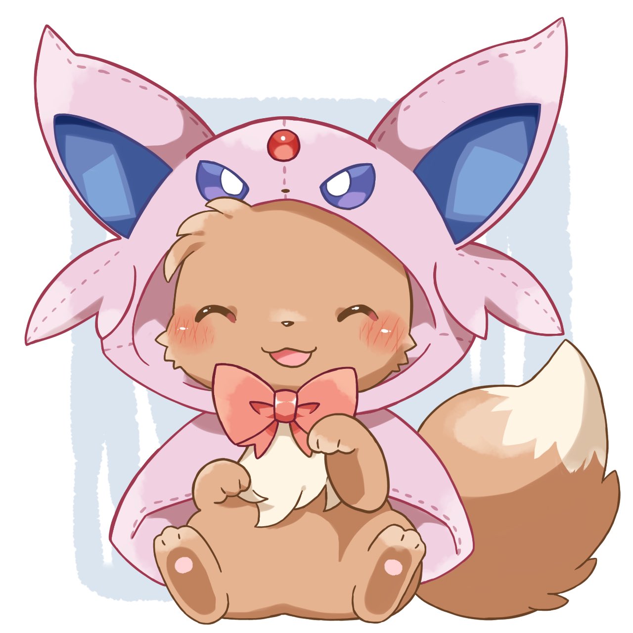 :3 ^_^ blush_stickers bow capelet closed_eyes clothed_pokemon cosplay eevee espeon espeon_(cosplay) full_body highres hood hooded_capelet kana_(maple926) open_mouth paw_pose pokemon pokemon_(creature) red_bow sitting smile solo