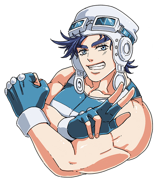 1boy aviator_cap biceps black_hair blue_eyes blue_hair fingerless_gloves flexing gloves grin hat joseph_joestar joseph_joestar_(young) lanxjourney male_focus official_alternate_costume shirt smile solo striped striped_shirt tank_top