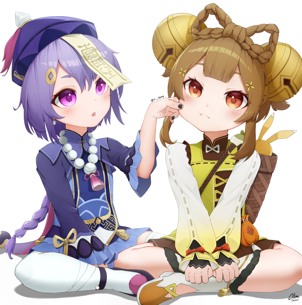 2girls basket bead_necklace beads bell blunt_bangs bow-shaped_hair braid brown_hair cape cheek_pinching chinese_clothes coin_hair_ornament commentary genshin_impact hair_bell hair_between_eyes hair_ornament hat indian_style jewelry jiangshi long_hair long_sleeves looking_at_another low_ponytail multiple_girls necklace ofuda orange_eyes pinching purple_hair qing_guanmao qiqi_(genshin_impact) radish sidelocks simple_background single_braid sitting stuffed_animal stuffed_rabbit stuffed_toy v_arms violet_eyes white_background xsan_vanny yaoyao_(genshin_impact) yuegui_(genshin_impact)