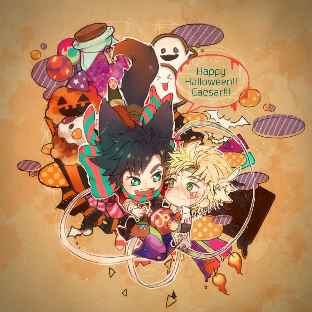 2boys animal_ears battle_tendency black_hair blonde_hair bow caesar_anthonio_zeppeli candle candy chibi clow7th cookie cosplay facial_mark feather_hair_ornament feathers fingerless_gloves food frankenstein's_monster frankenstein's_monster_(cosplay) gloves green_eyes hair_ornament halloween headband jack-o'-lantern jojo_no_kimyou_na_bouken joseph_joestar joseph_joestar_(young) male_focus multiple_boys scarf scarf_bow star-shaped_pupils star_(symbol) stitched_face stitches symbol-shaped_pupils tail triangle_print wavy_mouth werewolf werewolf_costume wolf_boy wolf_ears wolf_tail