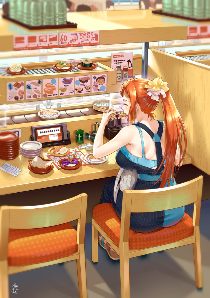 1girl chair chopsticks closed_eyes conveyor_belt_sushi eating food ge_xi hair_ornament hair_scrunchie indoors lien_ai-chiang long_hair orange_hair plate ponytail sandals scrunchie sitting solo sushi witches_in_7th_base