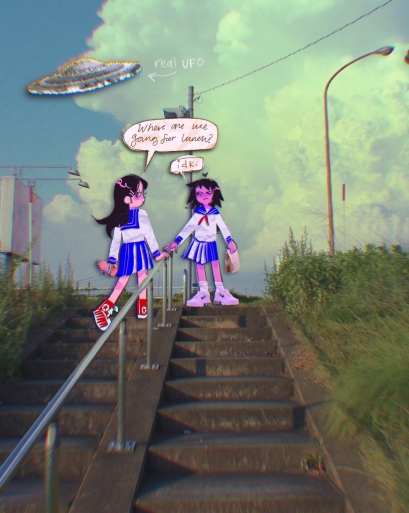 2girls bag black_hair blue_sailor_collar blue_skirt closed_mouth clouds colored_skin commentary day english_commentary english_text hair_ornament hairclip hand_on_railing holding holding_bag kurata_tome lamppost long_hair long_sleeves mob_psycho_100 multiple_girls outdoors paper_bag photo_background pink_skin pleated_skirt quiniiby railing red_footwear sailor_collar school_uniform serafuku shirt shoes skirt smile sneakers speech_bubble stairs standing takane_tsubomi ufo walking white_footwear white_shirt