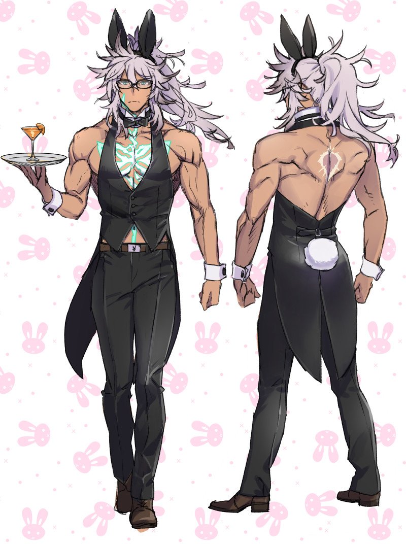 1boy animal_ears black_bow black_bowtie black_footwear black_pants black_vest blue_eyes bow bowtie chest_tattoo coattails cocktail_glass cup detached_collar drinking_glass fake_animal_ears fake_tail fate_(series) glasses high_ponytail holding holding_tray long_hair messy_hair multiple_views muscular muscular_male na222222 nontraditional_playboy_bunny pants rabbit_background rabbit_ears rabbit_tail siegfried_(fate) standing tail tattoo tray vest white_hair wrist_cuffs