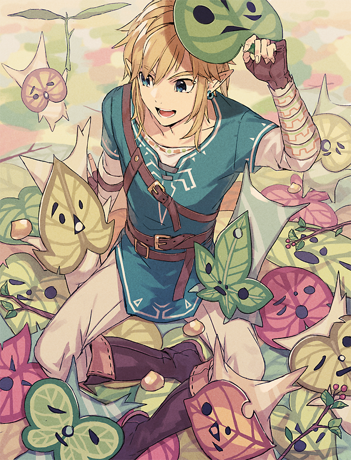 blue_eyes blue_tunic boots brown_pants earrings ebira fingerless_gloves gloves jewelry korok leather leather_boots light_brown_hair link mask pants pointy_ears short_hair sidelocks sitting smile surrounded the_legend_of_zelda the_legend_of_zelda:_breath_of_the_wild