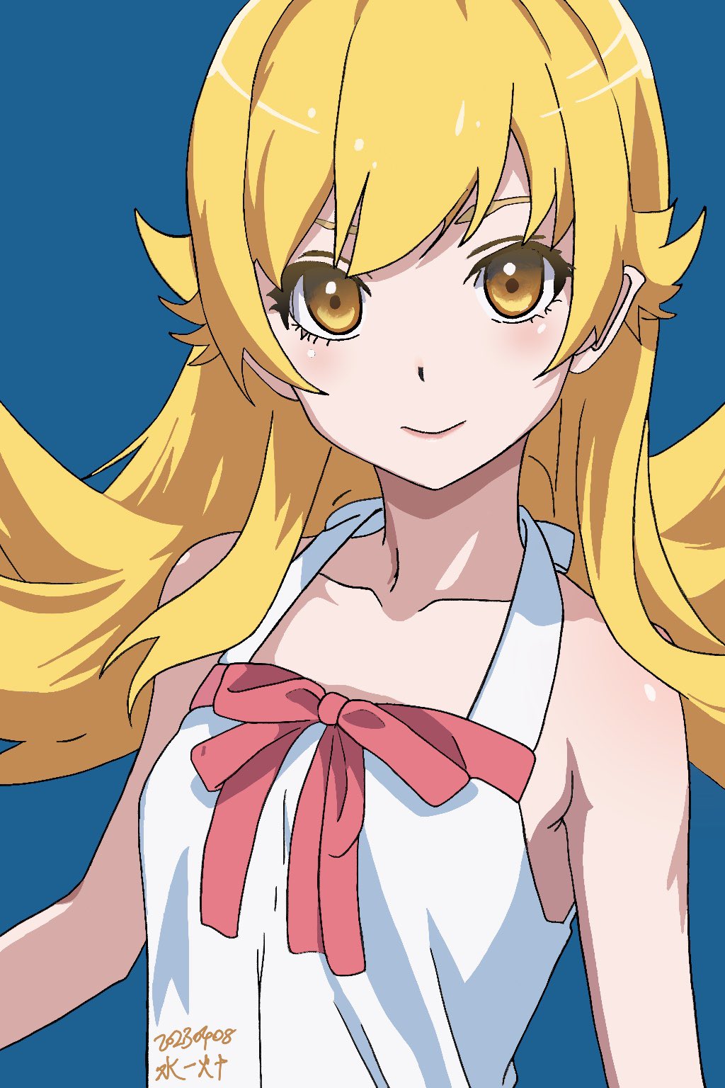 1girl backless_dress backless_outfit bakemonogatari bare_arms bare_shoulders blonde_hair blue_background commentary_request dress flat_chest highres long_hair looking_at_viewer monogatari_(series) oshino_shinobu pink_ribbon ribbon solo szieziw upper_body white_dress yellow_eyes