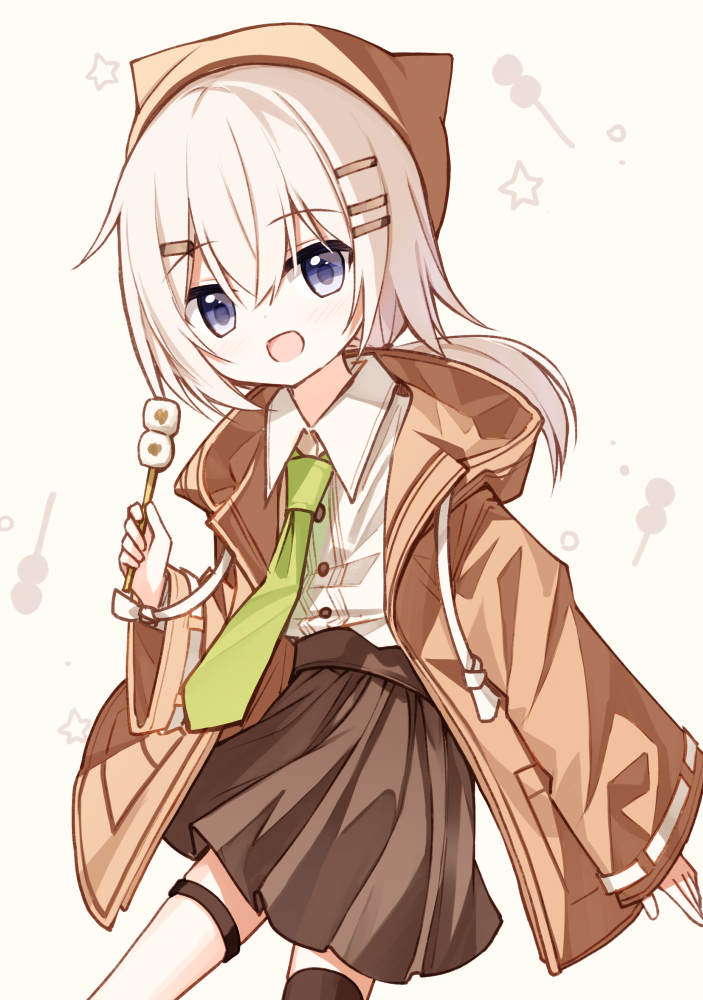 1girl :d animal_ears animal_hat asymmetrical_legwear blue_eyes brown_background brown_headwear brown_jacket brown_skirt brown_thighhighs collared_shirt dress_shirt fake_animal_ears food green_necktie hair_between_eyes hair_ornament hairclip hat holding holding_food hood hood_down hooded_jacket jacket long_hair long_sleeves looking_at_viewer low_ponytail mismatched_legwear necktie open_clothes open_jacket original pleated_skirt ponytail red_girl_(yuuhagi_(amaretto-no-natsu)) shirt skirt sleeves_past_wrists smile solo thigh-highs white_hair white_shirt white_thighhighs wide_sleeves yuuhagi_(amaretto-no-natsu)