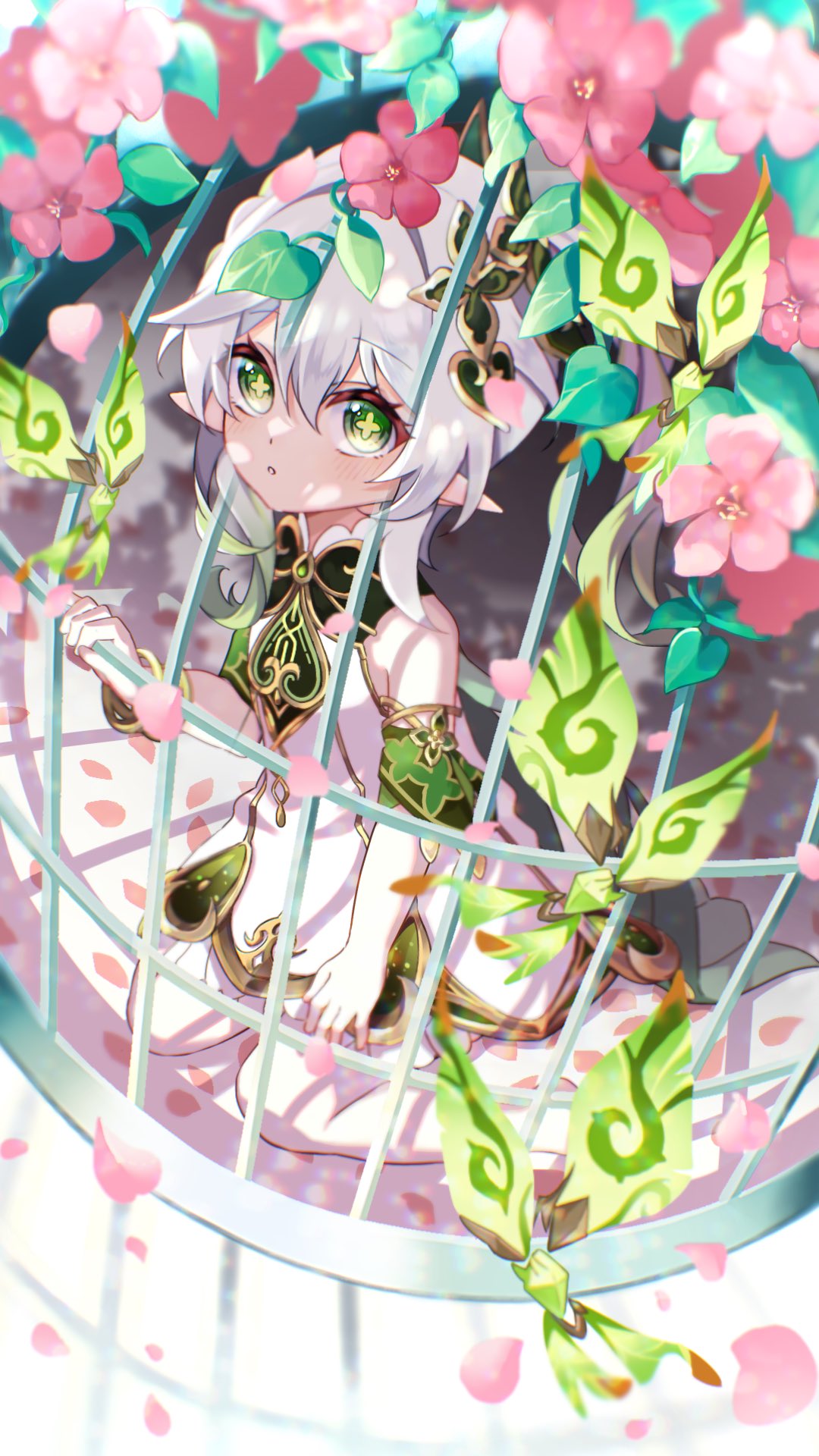 1girl birdcage blush cage chino_0830_tr female_child flower genshin_impact green_eyes green_hair highres long_hair looking_at_viewer multicolored_hair nahida_(genshin_impact) parted_lips pink_flower pointy_ears side_ponytail solo symbol-shaped_pupils white_hair