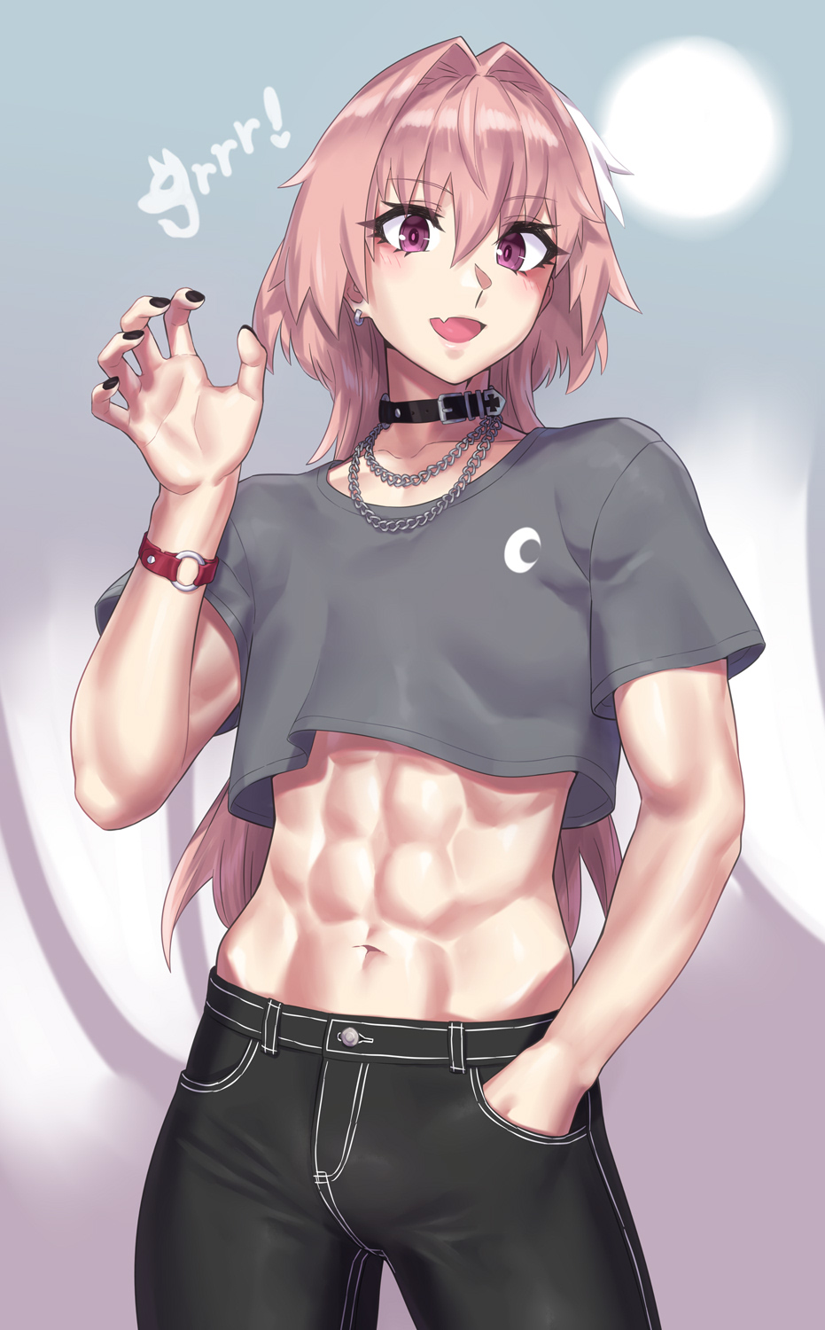 1boy abs astolfo_(fate) black_bow blush bow claw_pose fang fate/apocrypha fate/grand_order fate_(series) hair_intakes highres long_braid long_hair looking_at_viewer male_focus mizuumi_(bb) multicolored_hair open_mouth otoko_no_ko pink_hair skin_fang smile solo streaked_hair violet_eyes white_hair