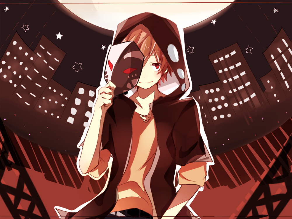 1boy belt black_belt black_hoodie brown_shirt building circle city_lights cityscape closed_mouth commentary_request cross-laced_clothes cross-laced_slit full_moon holding holding_mask hood hood_up hoodie kagerou_project kano_shuuya layered_sleeves light_brown_hair looking_at_viewer male_focus mask mask_removed mekakucity_actors moon multicolored_background night night_sky one_eye_covered open_clothes outdoors print_hoodie red_eyes shirt short_hair short_sleeves sky sleeves_past_elbows smile solo star_(symbol) takimiho two-tone_hoodie white_hoodie yobanashi_deceive_(vocaloid)