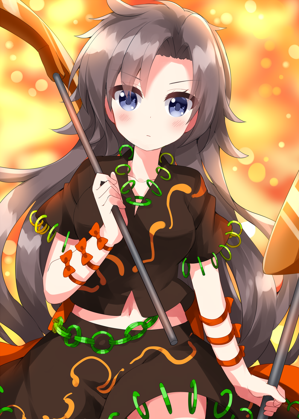 1girl backlighting blue_eyes blush bow breasts closed_mouth collarbone cowboy_shot dual_wielding expressionless green_bow grey_hair highres himemushi_momoyo holding holding_pickaxe holding_shovel long_hair looking_at_viewer medium_breasts midriff navel orange_background pickaxe ruu_(tksymkw) short_sleeves shovel skirt solo touhou very_long_hair