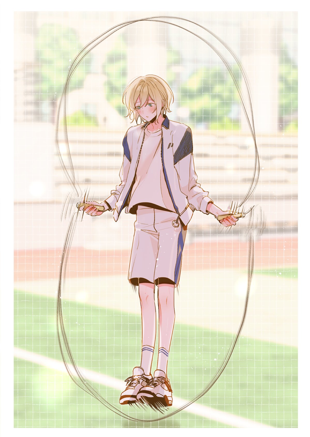 1boy blonde_hair blue_eyes blue_jacket blue_shorts blush eichi_turnr ensemble_stars! full_body highres holding_jump_rope jacket jump_rope jumping looking_down male_focus multicolored_clothes multicolored_jacket multicolored_shorts shoes shorts sneakers socks solo tenshouin_eichi white_jacket white_shorts white_socks