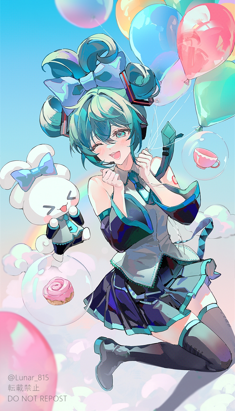 &gt;_&lt; 1girl 1other alternate_hairstyle aqua_eyes aqua_hair artist_name balloon bare_shoulders black_footwear black_shorts black_skirt blue_bow blue_eyes blue_hair blue_necktie blue_sky blush boots bow breasts cinnamiku closed_eyes clouds collared_shirt cup cupcake detached_sleeves flying food grey_shirt hair_between_eyes hair_bow hair_ornament hands_up hatsune_miku headphones highres holding holding_balloon leg_up long_sleeves lunar_(lunar_815) medium_breasts microphone miniskirt necktie number_tattoo open_mouth pleated_skirt shirt short_hair shorts sidelocks skirt sky smile tattoo teeth thigh-highs tongue vocaloid watermark wide_sleeves zettai_ryouiki