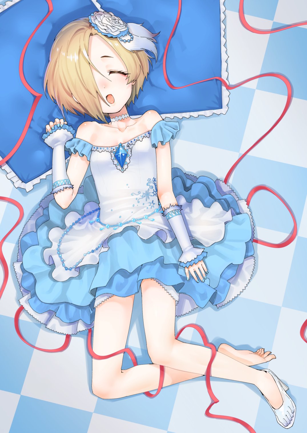 1girl bare_shoulders blonde_hair blue_dress blush breasts brooch checkered_floor choker closed_eyes detached_sleeves dress flower full_body gengorou glass_slipper hair_flower hair_ornament hair_over_one_eye high_heels highres idolmaster idolmaster_cinderella_girls jewelry lying on_back open_mouth pillow red_ribbon ribbon shirasaka_koume shoes short_hair single_shoe small_breasts smile solo strapless strapless_dress toes two-tone_dress white_dress