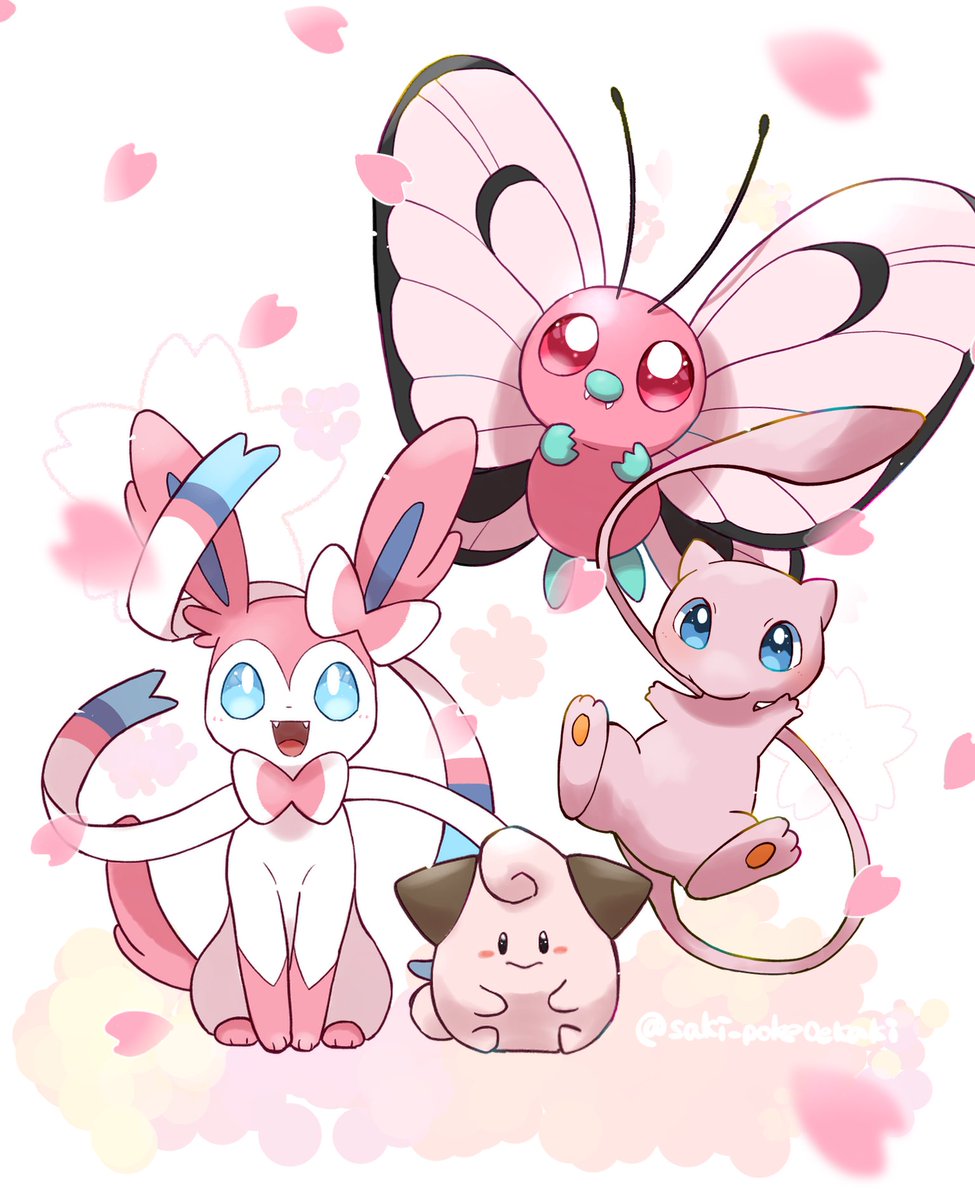 :d alternate_color alternate_shiny_pokemon antennae artist_name blue_eyes blush blush_stickers bright_pupils butterfree cherry_blossoms cleffa closed_mouth commentary_request falling_petals fangs highres looking_at_viewer mew_(pokemon) no_humans open_mouth petals pokemon pokemon_(creature) red_eyes saki_pokeoekaki sakuramon simple_background sitting smile sylveon twitter_username white_background white_pupils