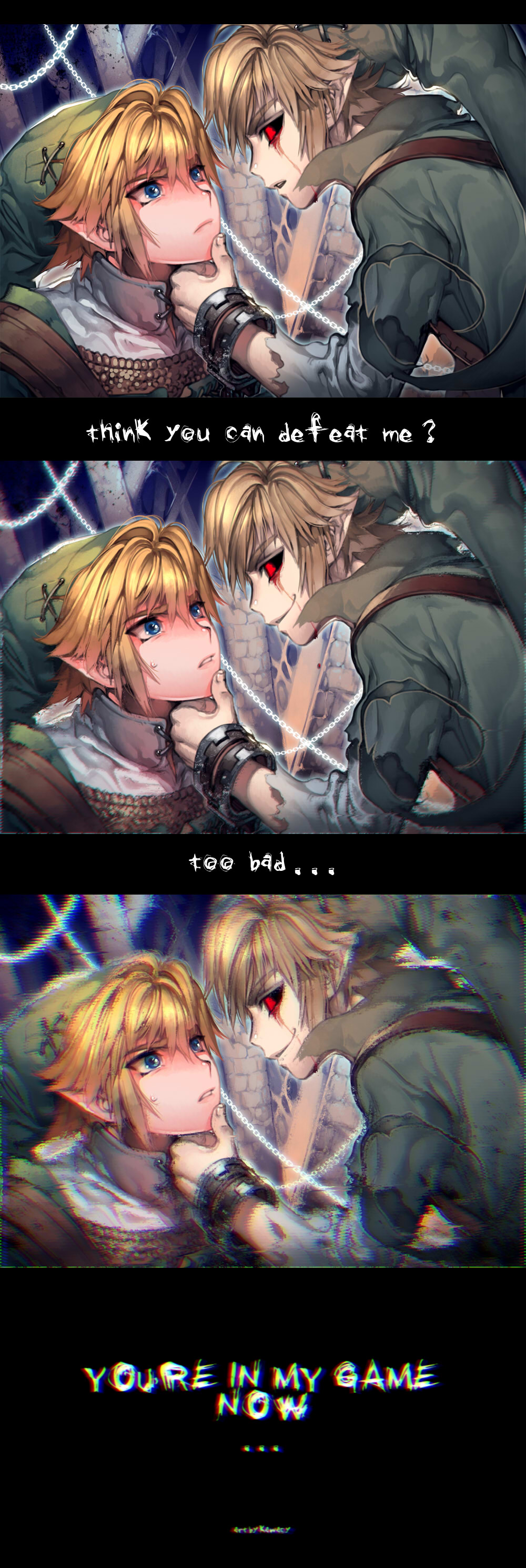 2boys absurdres black_sclera blonde_hair blood blood_from_eyes blue_eyes chain colored_sclera creepypasta cuffs evil_grin evil_smile face-to-face grabbing_another's_chin grin hand_on_another's_chin highres holding kawacy multiple_boys pointy_ears red_eyes shackles smile the_legend_of_zelda the_legend_of_zelda:_majora's_mask torn_clothes tunic