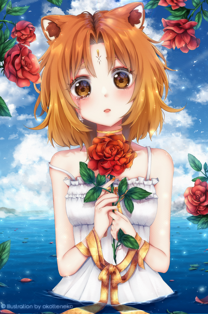 1girl animal_ears artist_name brown_eyes clip_studio_paint_(medium) clouds cloudy_sky commentary_request crying dress eye_reflection facial_mark flower forehead_mark holding holding_flower okotte-neko orange_hair original parted_lips partially_submerged petals petals_on_liquid red_flower red_panda red_rose reflection rose short_hair sky solo spaghetti_strap strap_slip streaming_tears sundress tears water