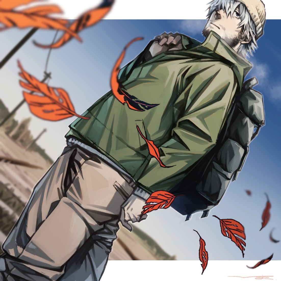 1boy autumn_leaves beanie beard breath brown_pants dutch_angle facial_hair falling_leaves feet_out_of_frame from_below green_jacket hair_over_one_eye hat hima_(nichikan) jacket leaf male_focus mature_male original pants short_hair sideburns sky solo standing stubble white_hair wind winter_clothes