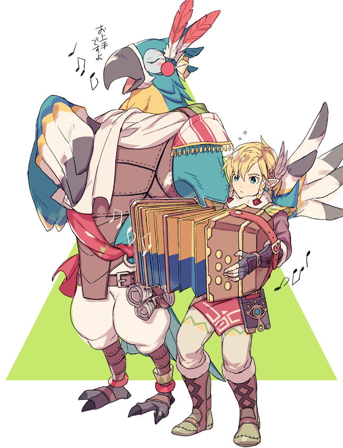 2boys accordion bird_boy blue_eyes earrings ebira instrument jewelry kass light_brown_hair link multiple_boys musical_note pointy_ears sheikah_slate sidelocks simple_background snowquill_set_(zelda) the_legend_of_zelda the_legend_of_zelda:_breath_of_the_wild translated