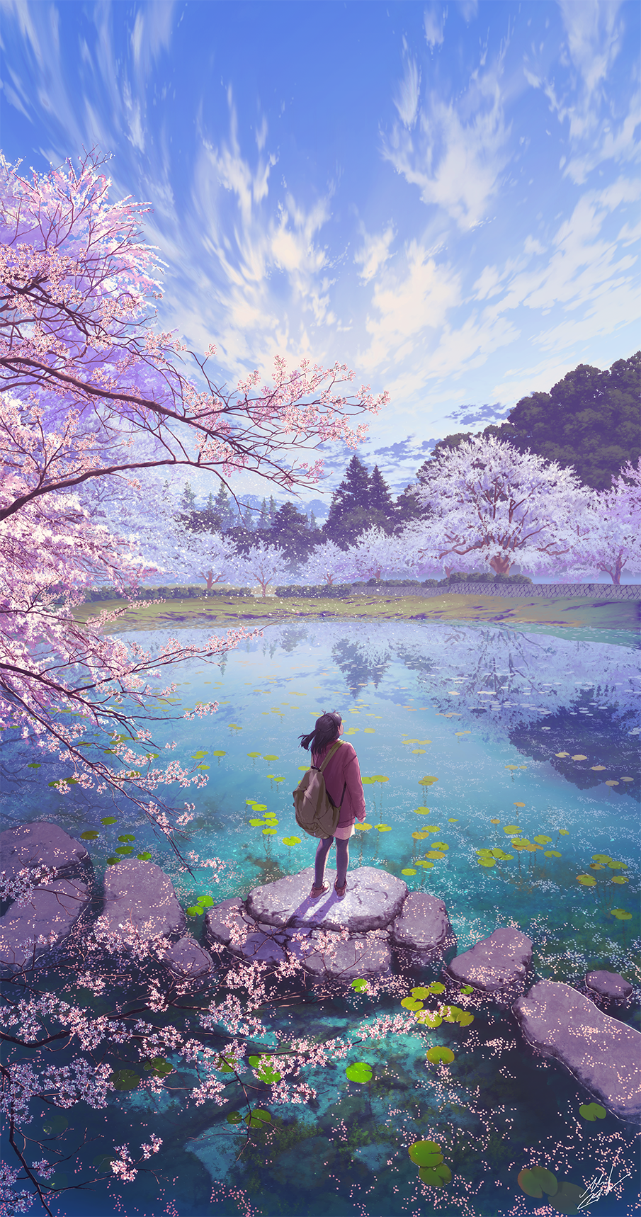 1girl backpack bag black_hair cherry_blossoms day highres lily_pad mocha_(cotton) original outdoors scenery sky tree water