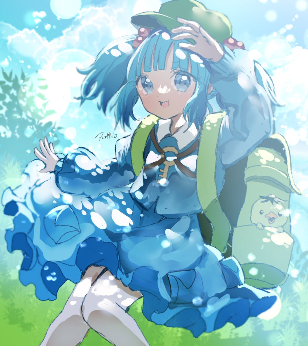 1girl :d asu_naki_haru backpack bag blue_eyes blue_hair blue_shirt blue_skirt blue_sky clouds commentary flat_cap green_headwear hair_bobbles hair_ornament hat highres kawashiro_nitori key long_sleeves looking_at_viewer one-hour_drawing_challenge open_mouth outdoors shirt short_hair signature skirt sky smile solo touhou two_side_up