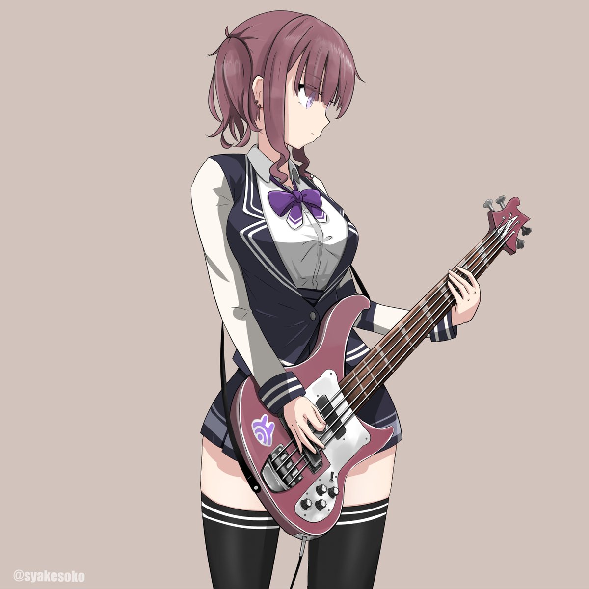 1girl bass_guitar black_jacket black_skirt black_thighhighs blazer blunt_bangs bow bowtie breasts brown_background carrying_over_shoulder cevio commentary cowboy_shot earrings highres instrument jacket jewelry light_smile looking_to_the_side medium_breasts miniskirt music natsuki_karin playing_instrument pleated_skirt purple_bow purple_bowtie redhead school_uniform shirt short_hair short_twintails shoulder_strap sidelocks skindentation skirt solo standing syakesoko synthesizer_v thigh-highs twintails twitter_username violet_eyes white_shirt zettai_ryouiki