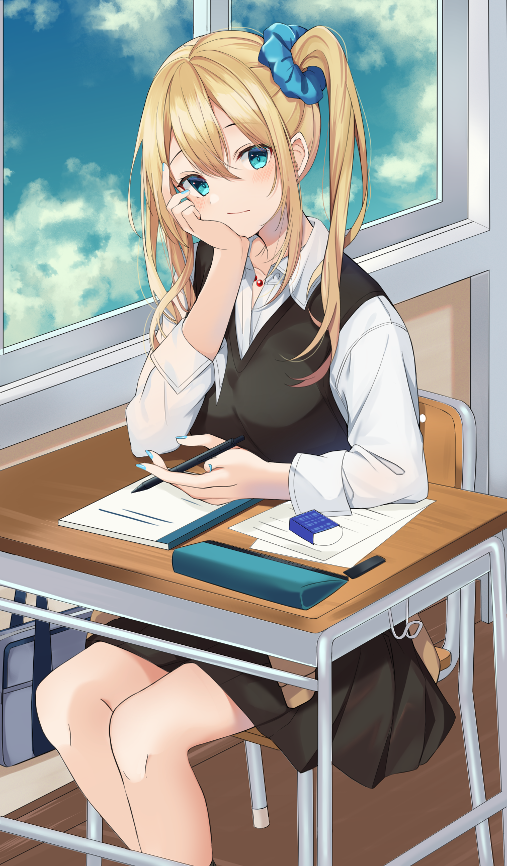 1girl :/ black_skirt blonde_hair blue_nails blue_scrunchie blue_sky chair chroemaguro classroom closed_mouth clouds collared_shirt commentary_request desk eraser green_eyes hair_between_eyes hair_ornament hair_scrunchie hayasaka_ai head_rest highres holding holding_pen indoors jewelry kaguya-sama_wa_kokurasetai_~tensai-tachi_no_renai_zunousen~ long_bangs long_sleeves looking_at_viewer nail_polish necklace notebook on_chair paper pen school_chair school_desk school_uniform scrunchie shirt side_ponytail sitting skirt sky solo sweater_vest table uniform white_shirt window