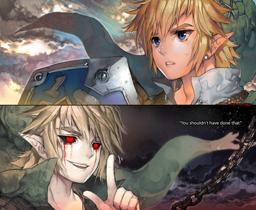 2boys ben_drowned black_sclera blonde_hair blood blood_from_eyes blue_eyes chain clouds colored_sclera creepypasta day ear_piercing holding holding_shield kawacy link looking_at_viewer looking_up multiple_boys night night_sky piercing pointy_ears red_eyes shield sky sweatdrop the_legend_of_zelda the_legend_of_zelda:_majora's_mask tunic