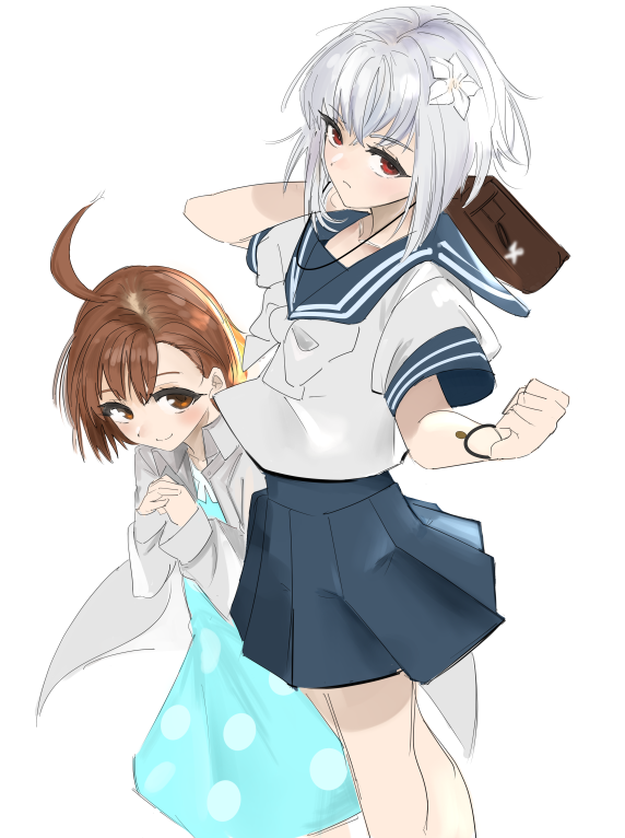 2girls a_certain_high_school_uniform accelerator_(toaru_majutsu_no_index) age_difference ahoge albino ambiguous_gender androgynous bag bare_legs black_bracelet blue_dress blue_sailor_collar blue_skirt blush bow brown_eyes brown_hair clenched_hand cowboy_shot dress electrodes expressionless female_child flower hair_flower hair_ornament hands_up holding holding_bag jacket last_order_(toaru_majutsu_no_index) lily_(flower) looking_at_viewer miniskirt multiple_girls own_hands_clasped own_hands_together pale_skin pixie_cut polka_dot polka_dot_dress red_eyes sailor_collar school_bag school_uniform shirt short_hair short_sleeves sidelocks sketch skirt smile standing summer_uniform suzushina_yuriko toaru_majutsu_no_index torakichi_(kamima33) white_background white_bow white_hair white_jacket white_shirt