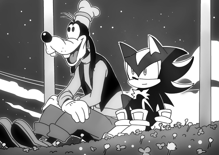 2boys animal animal_ears animal_nose buck_teeth clouds crossover disney dog expressionless field flower flower_field furry gloves goofy grandmetropolis grass hat hedgehog hedgehog_ears knees_up long_sleeves looking_up mammal mickey_mouse_(series) monochrome multiple_boys night night_sky no_humans open_mouth pants parody sega shadow_the_hedgehog shoes sitting skates sky smile snout sonic_(series) star_(sky) teeth vest white_gloves