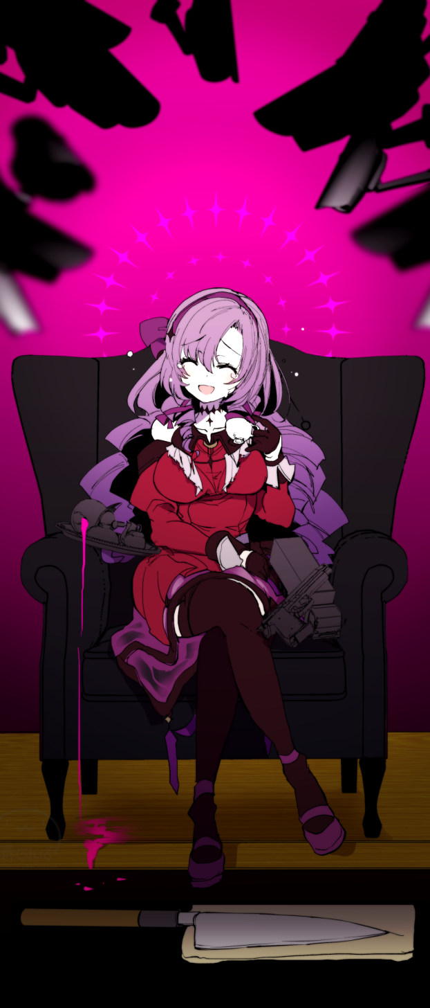 1girl black_thighhighs breasts chair closed_eyes crossed_legs crying cup danganronpa_(series) doku_denpa_(blue_killer) dress gloves gun handgun highres holding holding_cup hyakumantenbara_salome kitchen_knife large_breasts long_sleeves nijisanji open_mouth purple_hair red_dress security_camera shoes smile solo teacup thigh-highs virtual_youtuber weapon