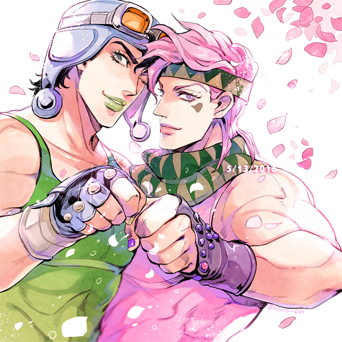 2boys aviator_cap battle_tendency caesar_anthonio_zeppeli facial_mark fingerless_gloves fist_bump gloves green_eyes green_lips hatoyama_itsuru headband jojo_no_kimyou_na_bouken joseph_joestar joseph_joestar_(young) male_focus multiple_boys official_alternate_costume petals pink_eyes pink_hair pink_lips scarf striped striped_scarf tank_top triangle_print