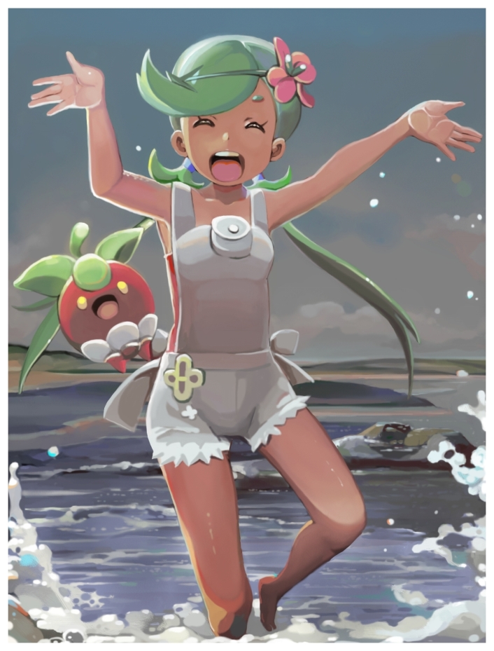 1girl :d alice_(aries) arm_up beach blush border bounsweet breasts closed_eyes collarbone commentary cowboy_shot dark-skinned_female dark_skin eyelashes flower green_eyes green_hair green_headband grey_overalls hands_up happy headband long_hair looking_at_viewer mallow_(pokemon) open_mouth outdoors outside_border overall_shorts overalls pink_flower pink_shirt pokemon pokemon_(anime) pokemon_(creature) pokemon_sm_(anime) shirt small_breasts smile sparkle swept_bangs teeth tongue twintails upper_teeth_only water white_border
