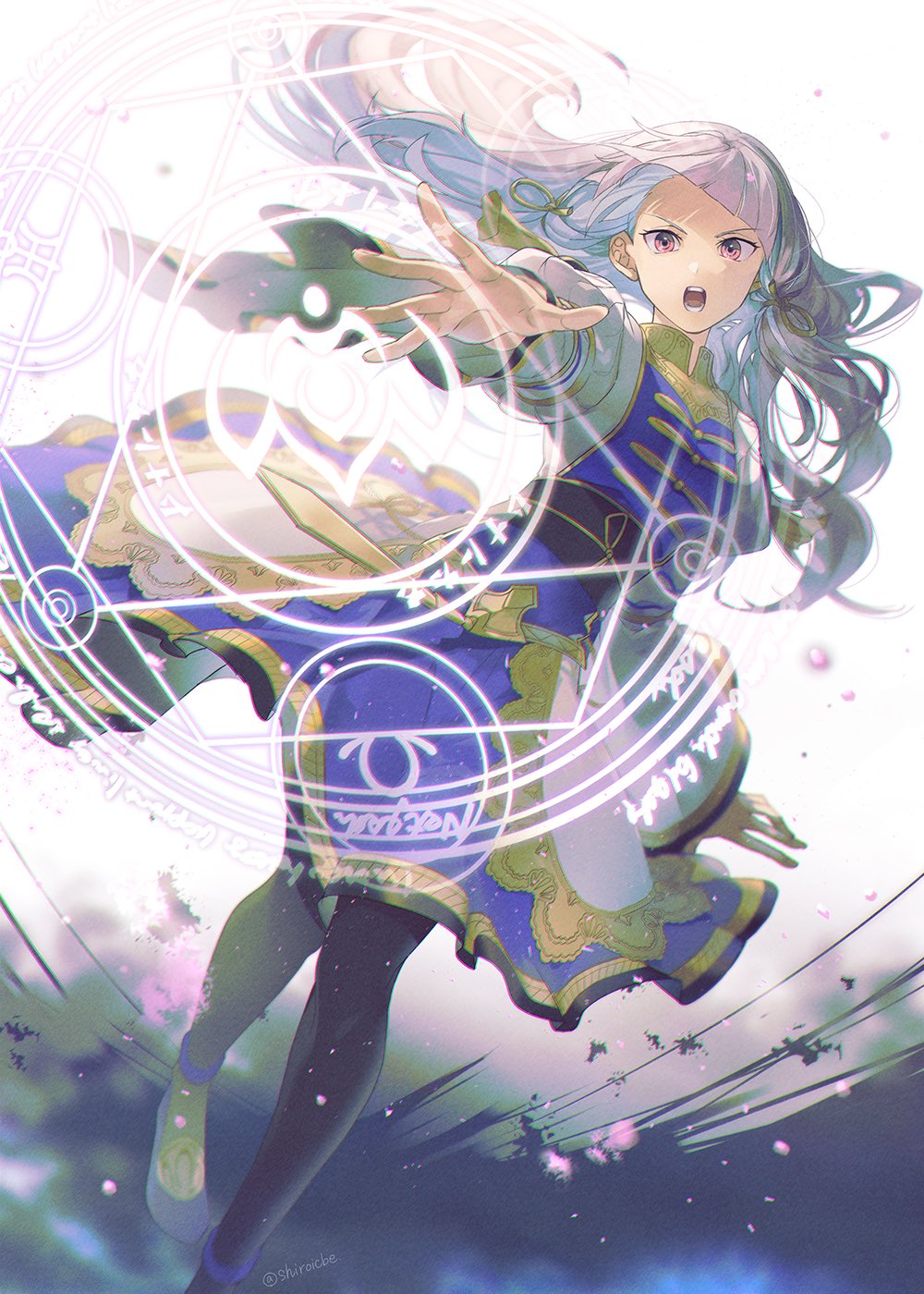 1girl black_corset black_pantyhose blunt_bangs commentary corset dress fire_emblem fire_emblem:_three_houses fire_emblem_warriors:_three_hopes floating_hair gold_trim hair_ornament highres juliet_sleeves long_hair long_sleeves looking_at_viewer lysithea_von_ordelia magic magic_circle official_alternate_costume official_alternate_hairstyle open_mouth pantyhose pink_eyes puffy_sleeves purple_dress purple_footwear reaching_towards_viewer shiroi_(shiroicbe) solo teeth twitter_username two-tone_dress white_dress white_hair