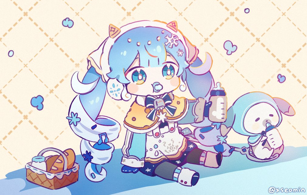 1girl animal baby_bottle baguette beamed_eighth_notes bell blue_bow blue_bowtie blue_eyes blue_hair blue_hood blue_mittens blue_skirt blush_stickers bottle bow bowtie bread capelet cheese chibi commentary curly_hair drinking earmuffs fake_horns food hair_ornament hatsune_miku holding holding_bottle horns ice_cream_cone layered_skirt long_hair milk_bottle musical_note musical_note_hair_ornament neck_bell pacifier picnic_basket rabbit rabbit_yukine seomin sitting skirt snowflake_hair_ornament solo sprinkles swiss_cheese twintails twitter_username very_long_hair vocaloid waffle_cone white_headdress white_skirt yellow_background yellow_capelet yuki_miku