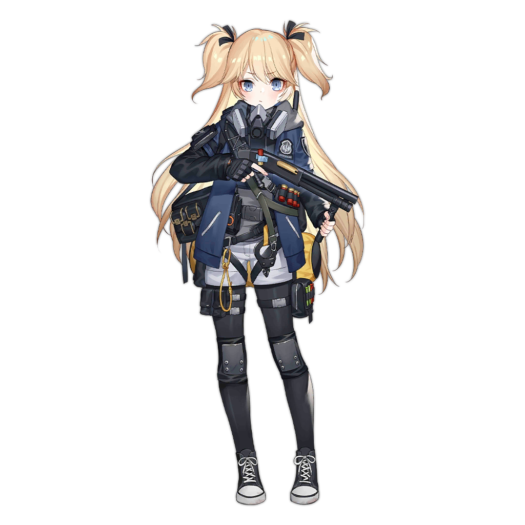 1girl black_bag black_footwear black_gloves black_pantyhose black_ribbon blonde_hair blue_eyes blue_jacket blush closed_mouth cuffs fingerless_gloves full_body gas_mask girls_frontline gloves gun haijin hair_between_eyes hair_ribbon handcuffs holding holding_gun holding_weapon jacket knee_pads light_frown long_hair long_sleeves looking_at_viewer mask official_alternate_costume official_art open_clothes pantyhose ribbon shoes shorts simple_background snap-fit_buckle sneakers solo straight-on super-shorty_(bad_cop_for_life)_(girls'_frontline) super-shorty_(girls'_frontline) thigh_pouch transparent_background trigger_discipline two_side_up very_long_hair weapon white_shorts