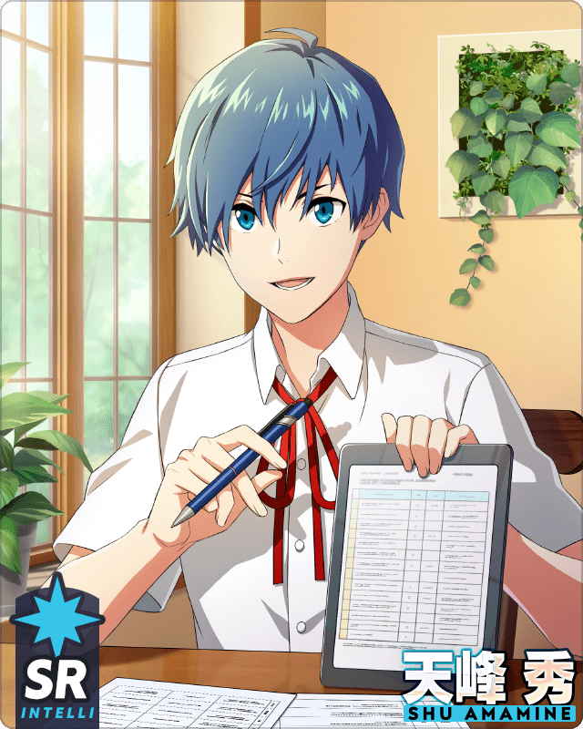 1boy ahoge amamine_shu blue_eyes blue_hair buttons card_(medium) character_name collared_shirt fingernails hair_between_eyes holding holding_pen idolmaster idolmaster_side-m idolmaster_side-m_growing_stars lower_teeth_only male_focus official_art open_mouth pen plant school_uniform shirt short_sleeves smile teeth white_shirt