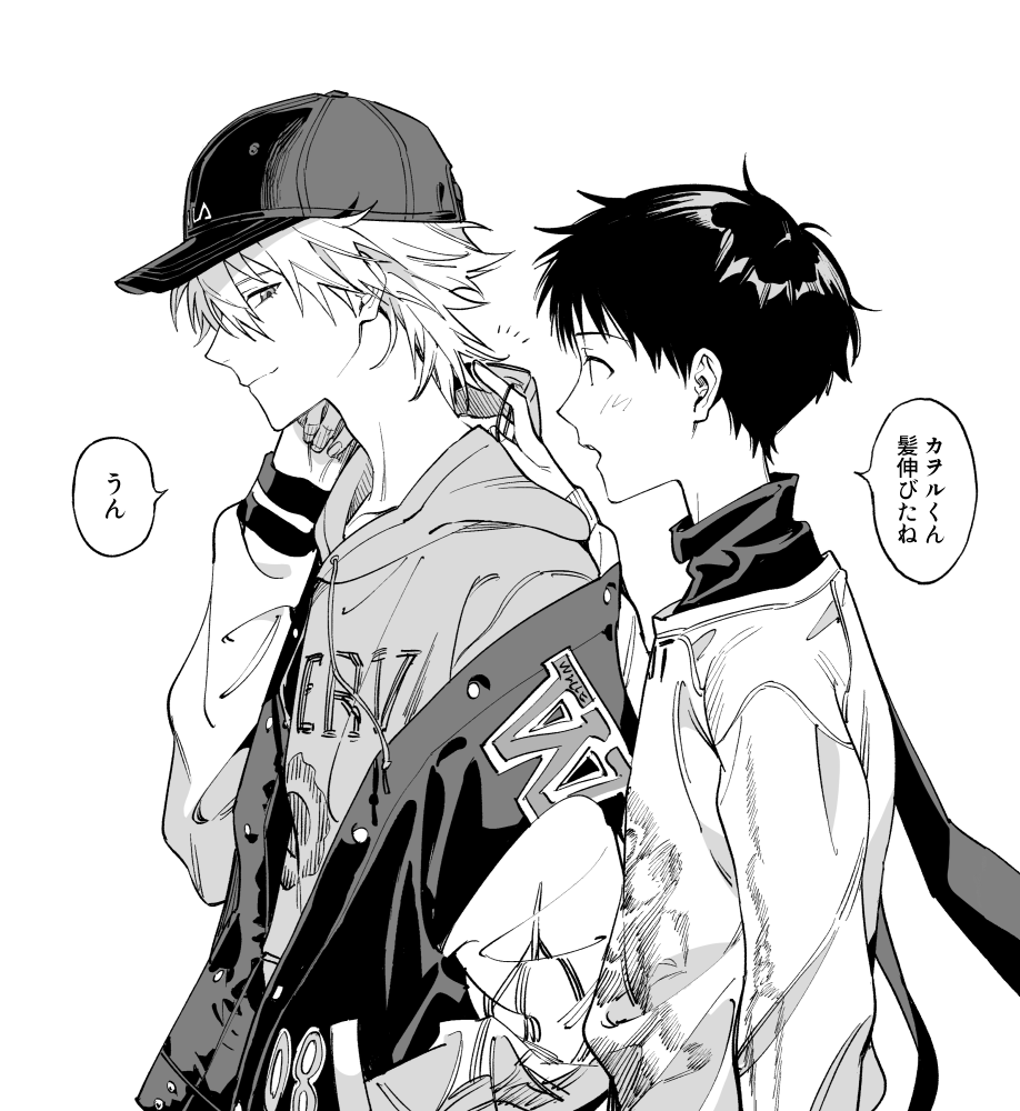 2boys baseball_cap closed_mouth facing_to_the_side hat ikari_shinji jacket leather leather_jacket long_sleeves looking_at_another male_focus monochrome multiple_boys nagisa_kaworu neon_genesis_evangelion quwo scarf shirt speech_bubble translation_request