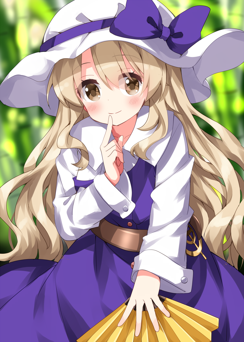 1girl blonde_hair blush bow brown_eyes closed_mouth collared_shirt commentary_request dress folding_fan hair_between_eyes hand_fan hand_up hat hat_bow highres holding holding_fan long_hair long_sleeves looking_at_viewer one-hour_drawing_challenge purple_bow purple_dress purple_skirt ruu_(tksymkw) shirt sidelocks skirt smile solo split_mouth standing touhou very_long_hair watatsuki_no_toyohime white_headwear white_shirt wing_collar