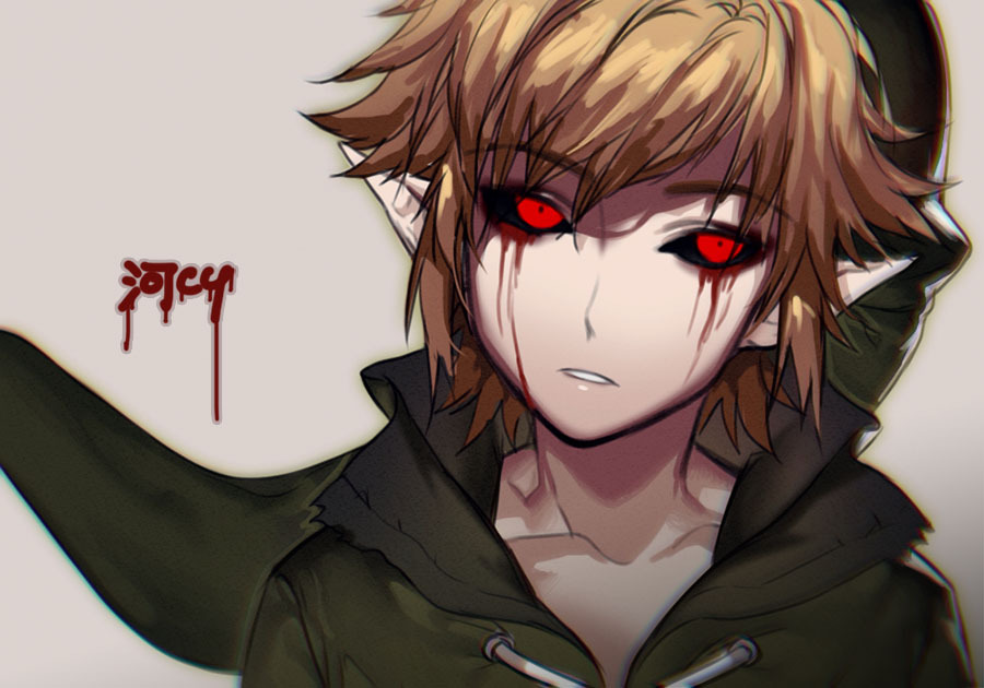 1boy artist_name ben_drowned blonde_hair blood blood_from_eyes blood_on_face colored_sclera creepypasta green_jacket holding hood hooded_jacket jacket kawacy looking_at_viewer pointy_ears quick_sketch solo tunic