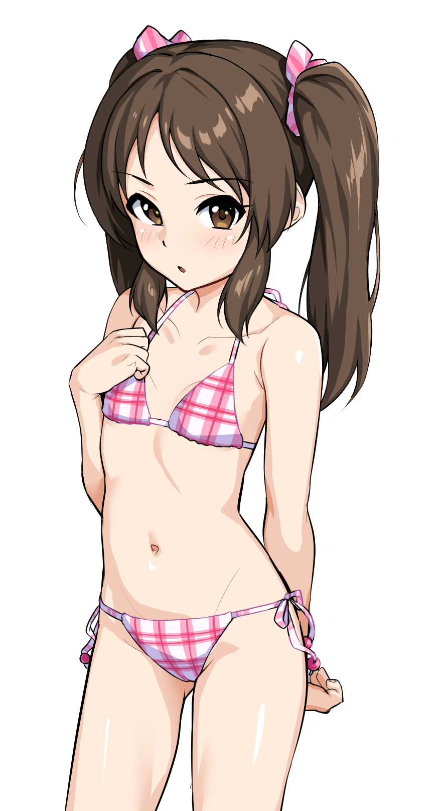 1girl alternate_hairstyle bikini blush breasts brown_eyes brown_hair checkered_bikini checkered_clothes clenched_hand collarbone commentary cowboy_shot female_child hadacra hair_ribbon hand_up highres idolmaster idolmaster_cinderella_girls long_hair looking_at_viewer navel parted_lips pink_bikini pink_ribbon plaid plaid_bikini ribbon side-tie_bikini_bottom sidelocks small_breasts solo stomach string_bikini swimsuit tachibana_arisu thighs twintails white_background