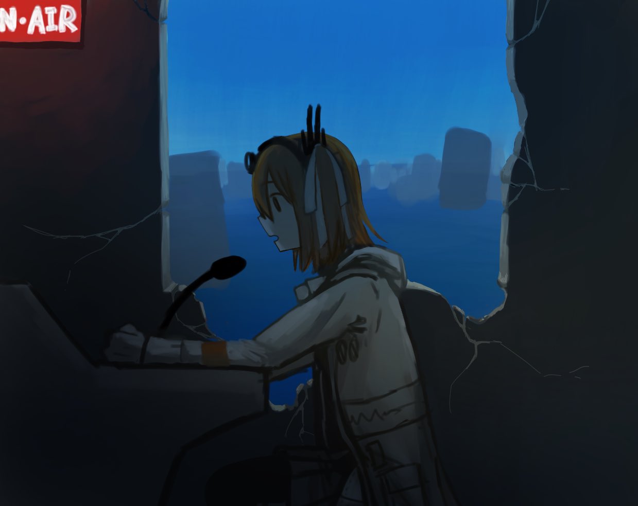 1girl a.i._voice adachi_rei backlighting black_hairband black_leggings blue_sky building dark_room day english_text from_side gloves grey_skirt hair_ribbon hairband headlamp hole_in_wall hood hood_down hooded_jacket indoors jacket leggings long_sleeves looking_ahead medium_hair microphone one_side_up open_clothes open_jacket open_mouth orange_hair partially_immersed profile radio_antenna radio_booth ribbon ruins sign sitting skirt sky so_(pocarisweat_11) solo talking utau water white_gloves white_jacket white_ribbon